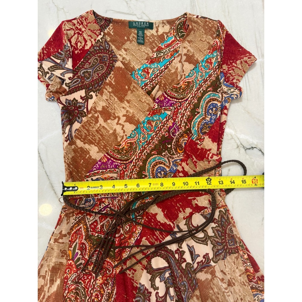 Lauren Ralph Lauren Petite Paisley Patchwork Faux Wrap Dress with Belt PM Red 71 - Picture 10 of 12